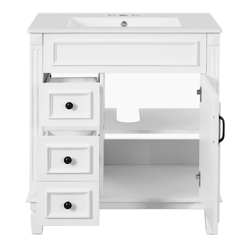 Meuble-lavabo de 76 cm avec lavabo en céramique, poignées boutons de style vintage et tablette réglable, idéal pour les salles de bain compactes. Gain d'espace de 76 cm dans les petites salles de bain.