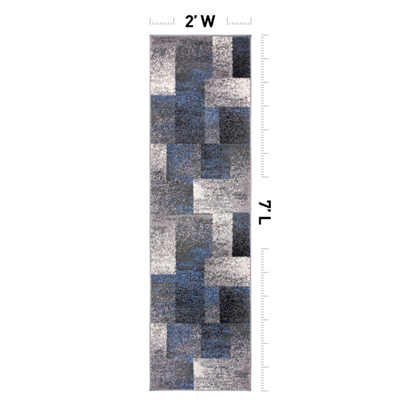 Damarus Geometric Blue/Ivory/Gray Area Rug, Runner 2' x 7'
