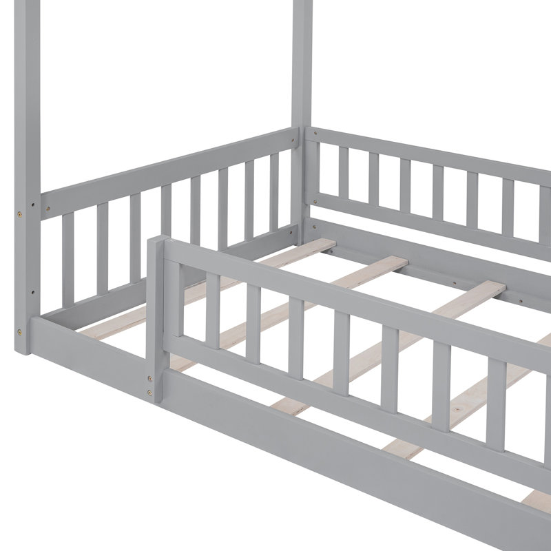 Cadre de lit en bois avec clôture, Gris, Lit simple