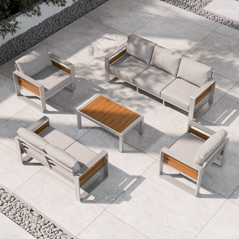 Ensemble de mobilier d'extérieur moderne 5 pièces, ensemble de conversation en aluminium avec coussins épais et table basse, cadre en métal résistant aux intempéries pour terrasse de jardin