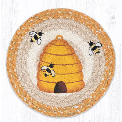  Dessous-de-plat rond en fibre naturelle tressée 10 po x 10 po avec abeille et imprimé ruche pour cuisine de campagne Beehive