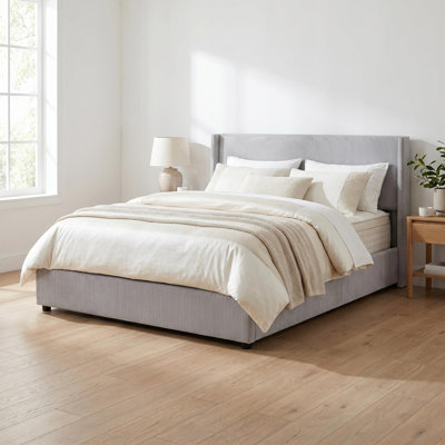 King Upholstered Bed Frame with Hydraulic Storage System, Corduroy Wingback Headboard with Vertical Tufting, No Box Spring Needed, Light Grey