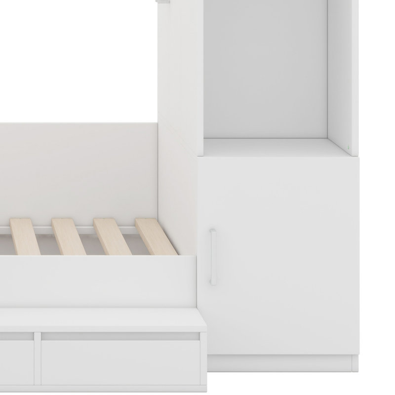 Lit plateforme avec tiroirs, tablettes, bureau et garde-robe, Blanc