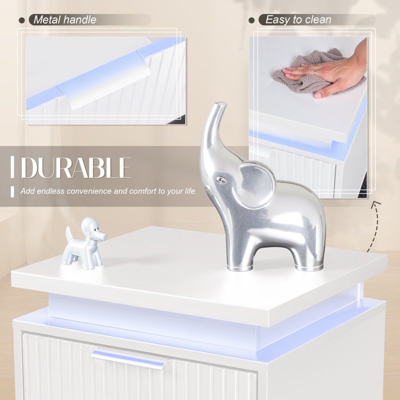 Nightstand with Adjustable Led Light and 2 Drawers, Set of 2, White