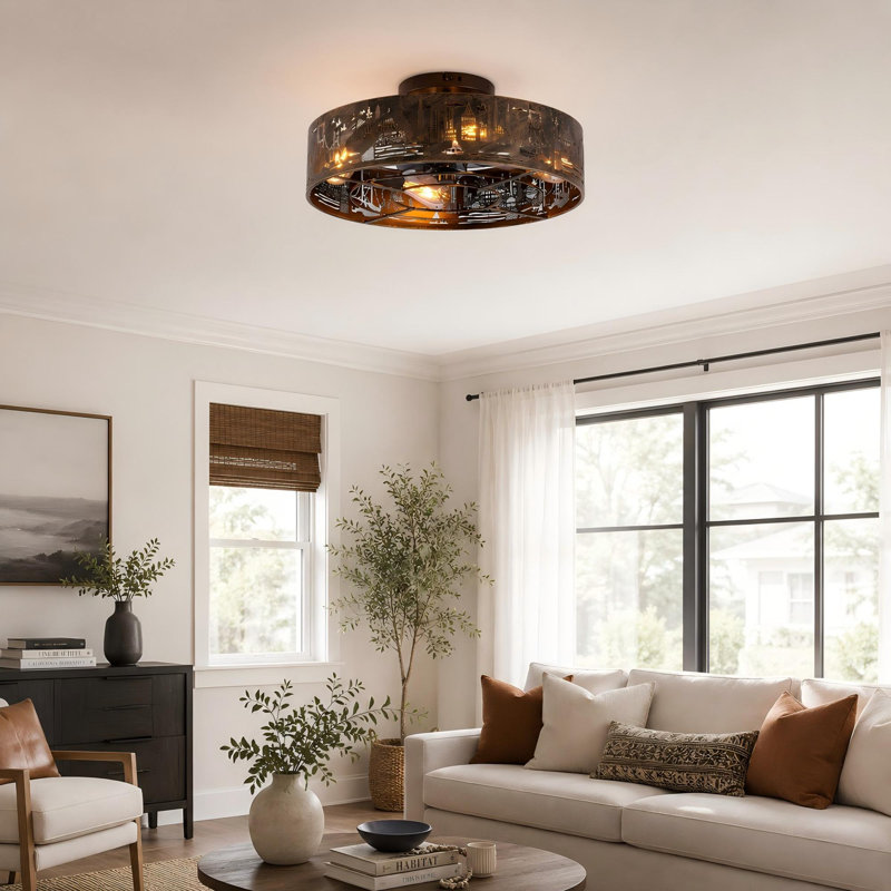 20" Caged Flush Mount Ceiling Fans With Lights Kit And Remote