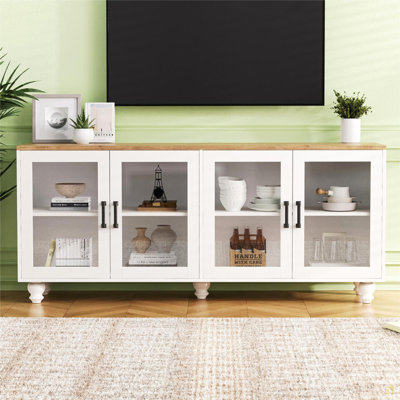 Farmhouse TV Stand With Tempered Glass Doors For Tvs Up To 70", Versatile Sideboard With Adjustable Shelves, Elegant Buffet Cabinet With 5 Solid Wood by Charlton Home