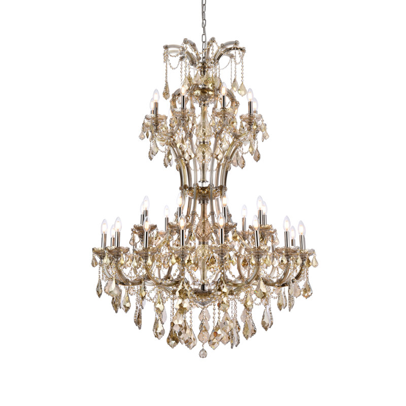 Lustre étagé de style bougie à 36 lumières Stockard, Coupe royale, Teck doré