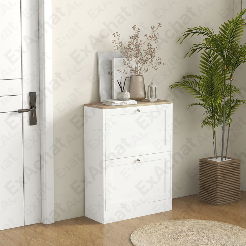 Slim Shoe Cabinet for Entryway, Modern Hidden Shoe Storage Cabinet with 2 Flip Drawers and Adjustable Shelves for 12 Pairs of Shoes, White