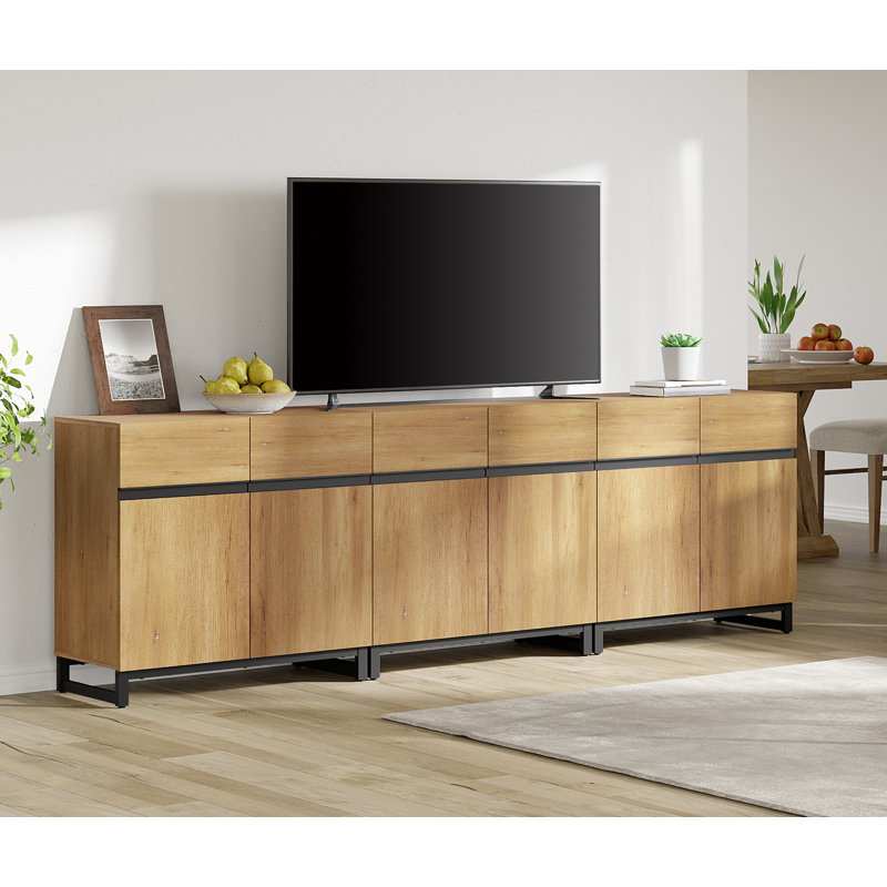 94.5" TV Stand with Doors,Modern TV Stand for TVs up to 110 Inch,3 Packs Wood Entertainment Center with Adjustable Shelves & Metal Base,Oak