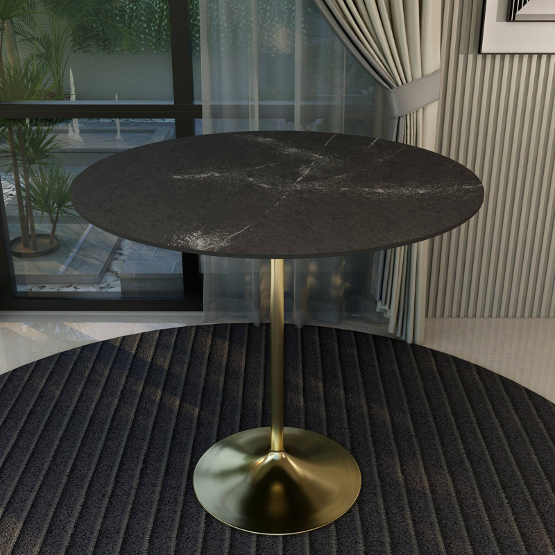 Greydon Round Bar Height Dining Table with MDF Top and Gold Stainless Steel Pedestal Base Kitchen Table Seats 2-6 Person