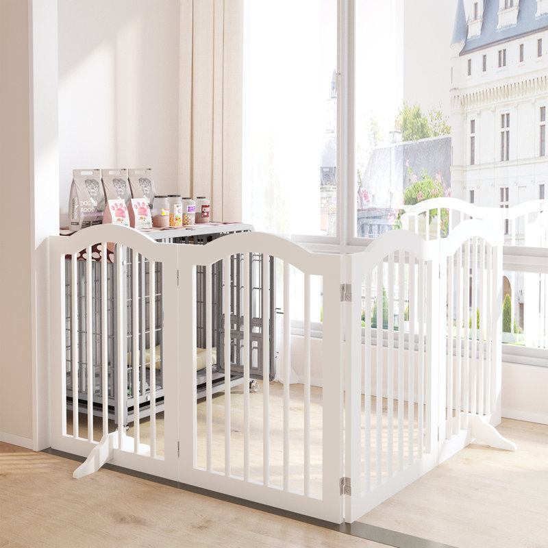 27.6" Height Solid Wood Freestanding Pet Gate, 4 Panels Foldable Dog Gate