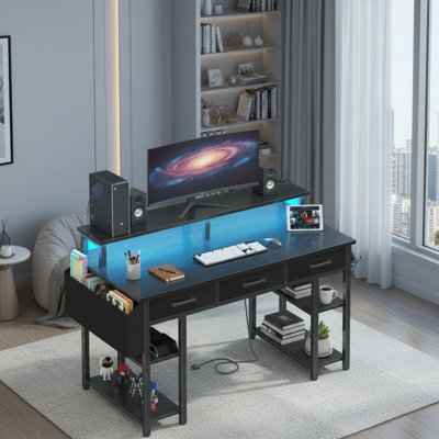 Bureau multifonctionnel noir, tiroirs en tissu, lumières et prises à DEL, support et tablettes pour jouer et étudier dans la chambre à coucher