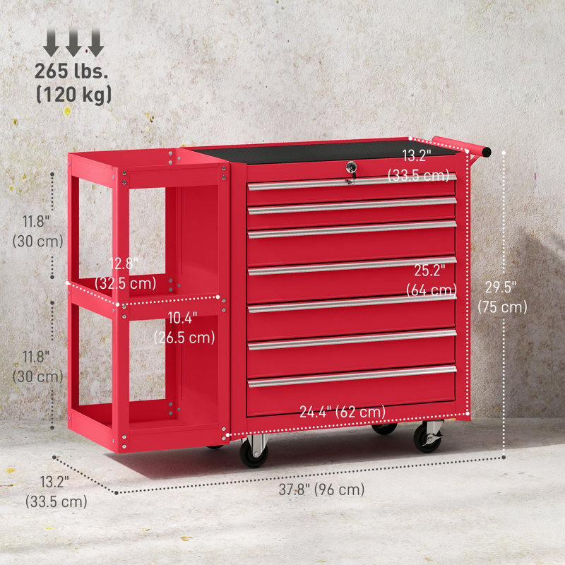 Coffre à outils à 7 tiroirs avec tablette latérale, boîte à outils verrouillable, rouge