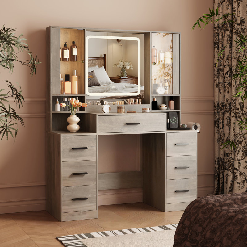 Large Lighted Makeup Vanity Set with Adjustable RGB Lights & Charging Station, Dressing Table with Mirror & Large Storage