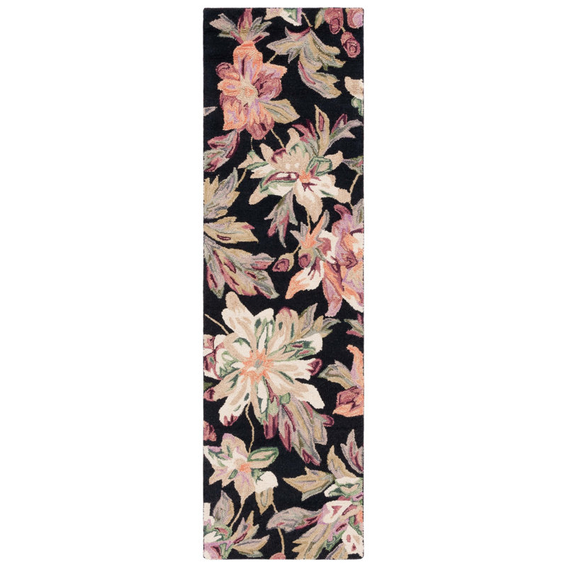 Kamaar Hand Tufted Wool/Cotton Floral Rug in Black/Plum, Runner 2'3" x 8'