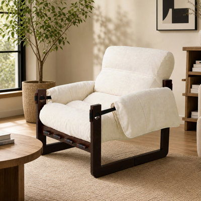Fauteuil d'appoint en chenille, méridienne rembourrée avec structure en bois, fauteuil de lecture confortable avec siège rembourré, dossier et accoudoirs roulés pour le salon, la chambre à coucher, le coin lecture