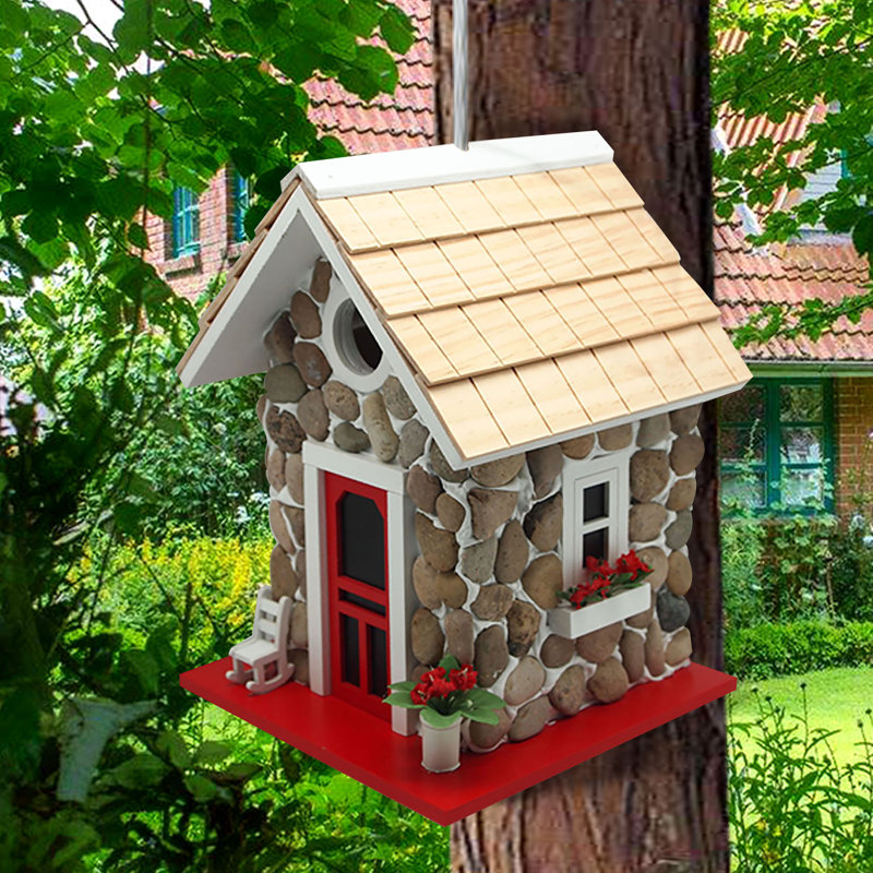 Handcrafted Stone Cottage Birdhouse with Red Accents