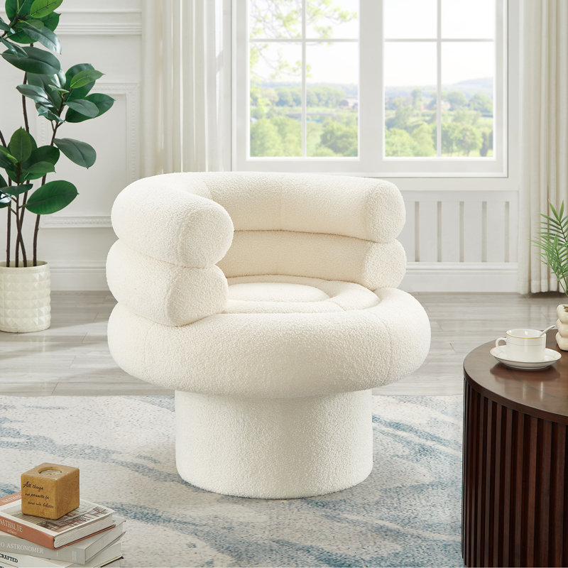 30'' Wide Swivel Teddy Bouclé Accent Chair – Round Modern Barrel Chair For Living Room, Bedroom, Or Home Office Decor, 1
