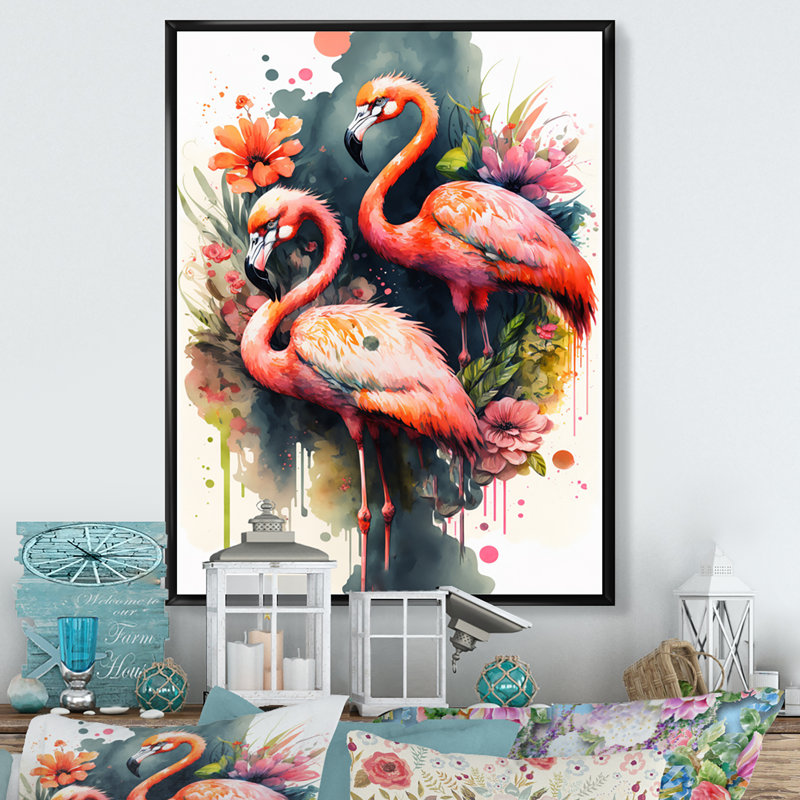 Mignon flamants roses - Peinture sur toile, H 32 po x l 24 po x P 1 po, Cadre flottant noir