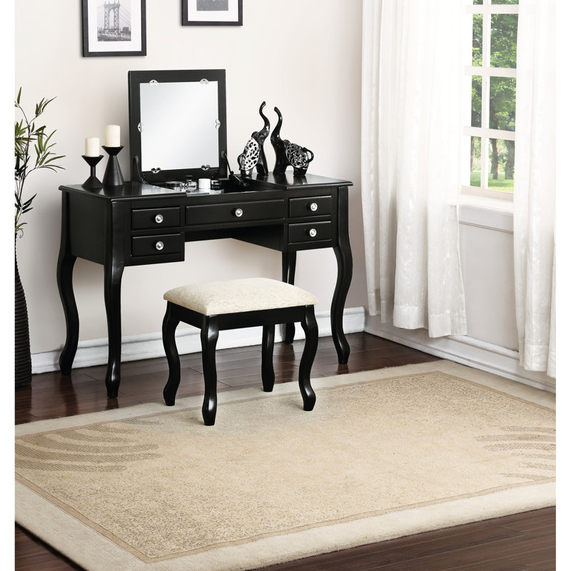 Tabouret de coiffeuse classique classique 1 pièce, noir, tiroir, contreplaqué, mobilier de chambre noir et miroir ouvert, contreplaqué, style contemporain