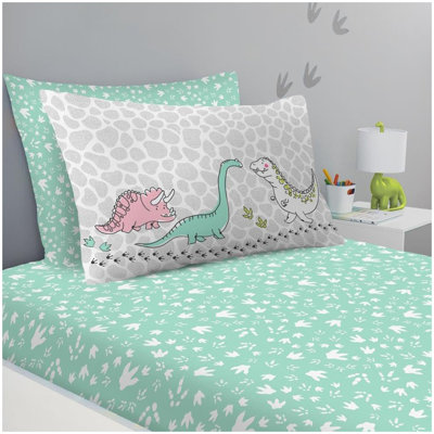 Kids Dino World Fitted Sheet Set Cotton Blend Bedding with Pillowcases Elasticated Edges Snug Fit Soft Breathable Easy Care Durable