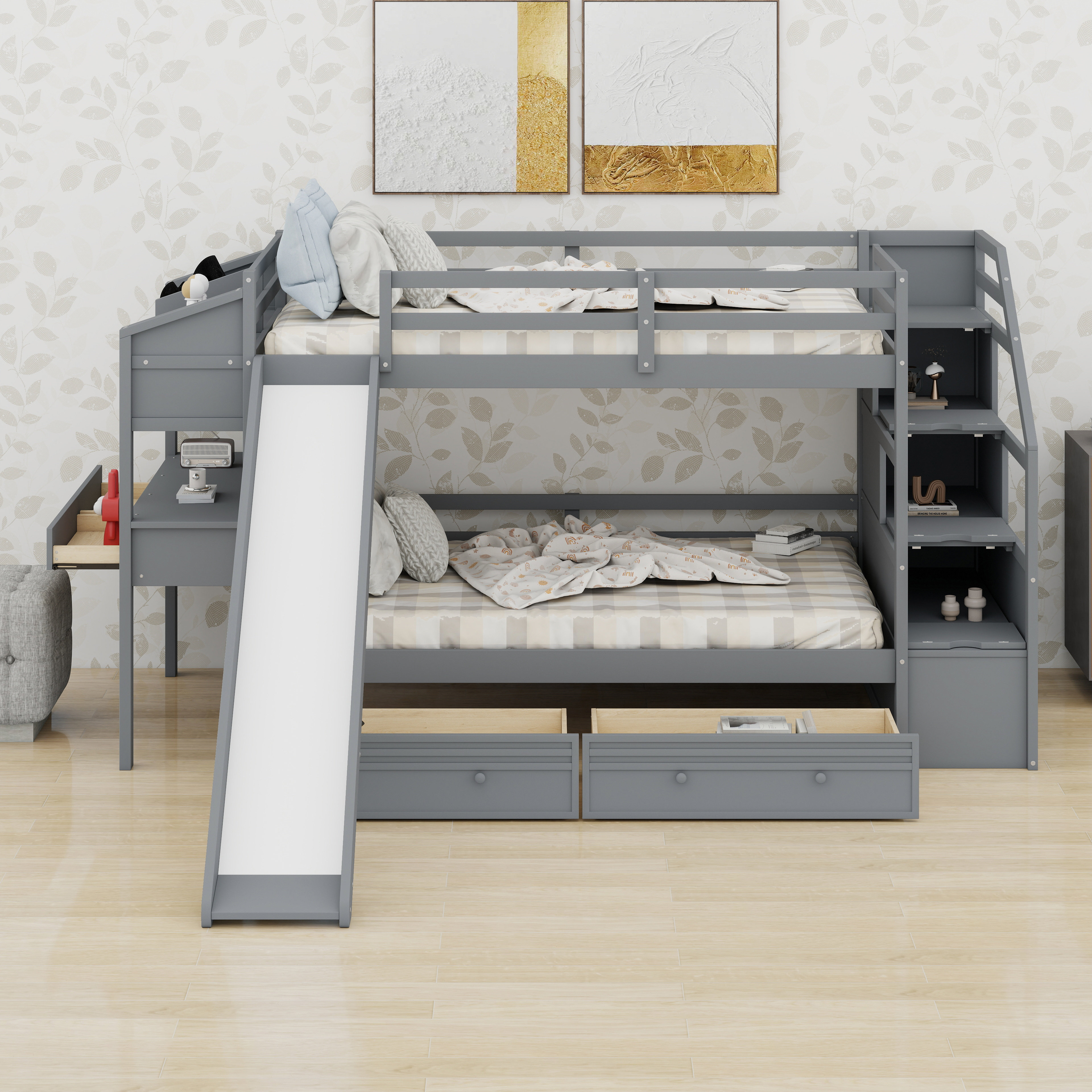 Harriet Bee Bunk Bed With Storage Staircase, Desk,Slide And Drawers ...