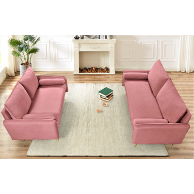2-Piece Matching Velvet Sofa Set,Sofa & 2-Seater Loveseat Combo,Modern Nailhead Couch Set with Gold Metal Legs for Living Room
