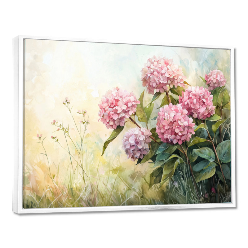 Hortensias dans un pré d'été II - hydrangées, art mural, H 16 po x l 32 po, Impression encadrée flottante, Blanc