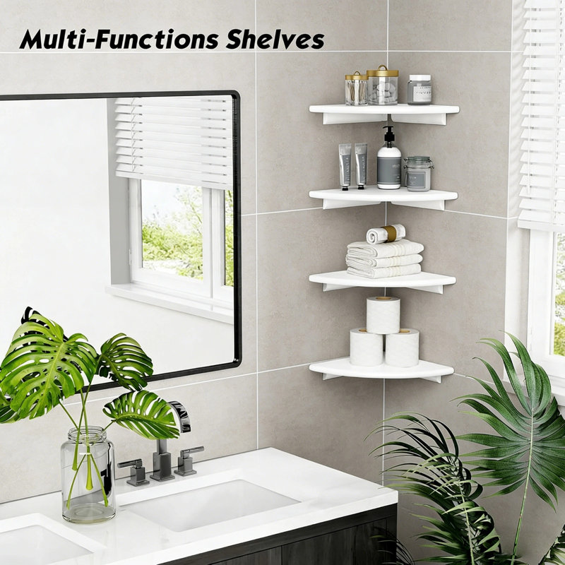 Ensemble de 4 tablettes flottantes blanches en coin arrondies blanches pour la chambre à coucher, la salle de bain, le salon et les petits espaces
