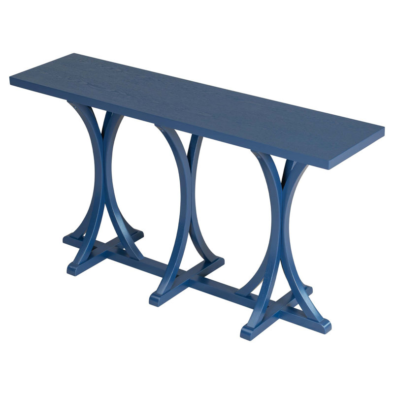 59.8'' Wooden Console Table With Oak Veneer Top,Farmhouse Entryway Table With Rubber Wood Slender Curved Legs, Navy Blue