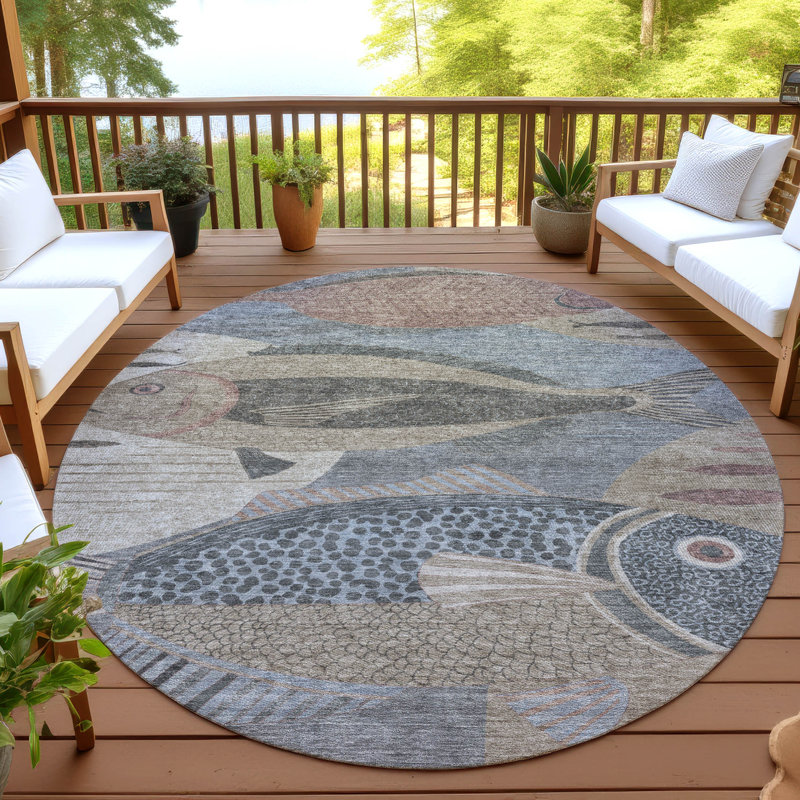 Tapis côtier intérieur / extérieur lavable à la machine ACN2447, Gris, Rond 8 pi