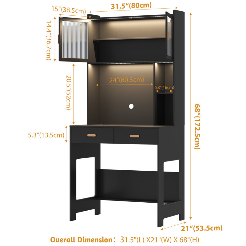 Bureau d'ordinateur l 31,5 po avec huche et armoire Berwaldt, Noir, noir, noir, noir