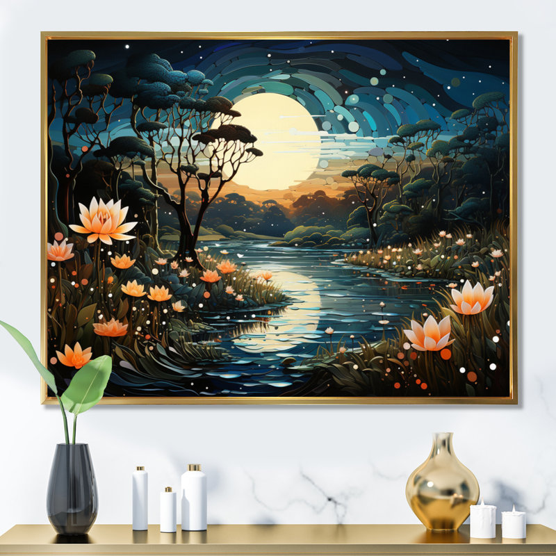 «Blue Green Pointillism River At Night III», reproduction d'art sur toile, H 12 po x l 20 po x P 1 po, Cadre flottant doré