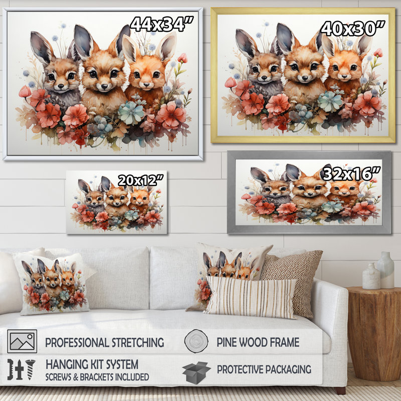«Dry Watercolor Whimsical Animals» sur impression sur toile, H 24 po x l 32 po, Cadre flottant noir