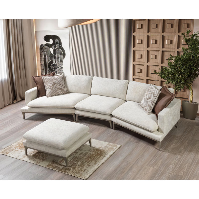 Dilan Ivory Linen 3-Piece Curved 126" Sectional with Ottoman