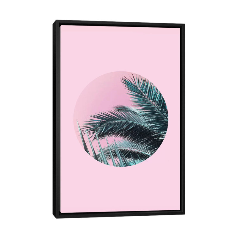 « palms on rose », impression sur toile, H 26 po x l 18 po x P 1,5 po, Toile avec cadre noir, Pas de tapis