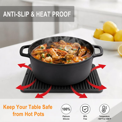 Très grand sous-pied en silicone, coussinets chauffants pour la cuisine - Coussinets chauffants résistants à la chaleur pour comptoir de cuisine à 446 ° F, 2 poignées pour la cuisine, noir