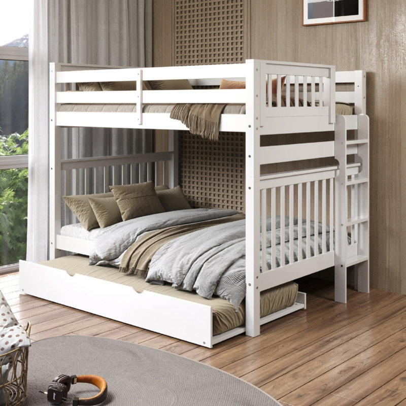 Tena Solid Wood Standard Bunk Beds Full over Full with 4 Step Ladder and a Twin Trundle, White, White