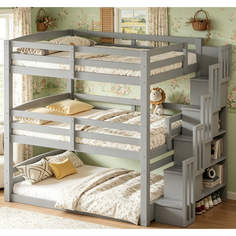 Lit superposé triple double avec escalier de rangement, conception séparée et fabrication durable pour une utilisation polyvalente