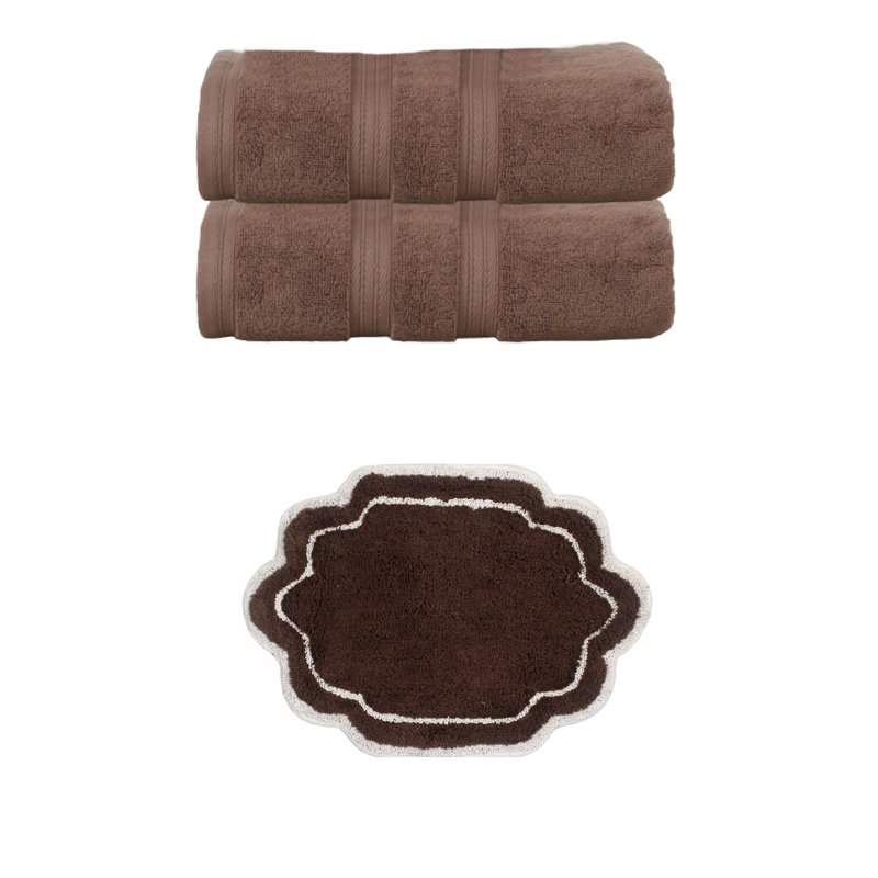 Talbert Collection 100% Soft Cotton Bath Towel Set & 17x24" Bath Rug, 3 Piece Towel Set, Chocolate