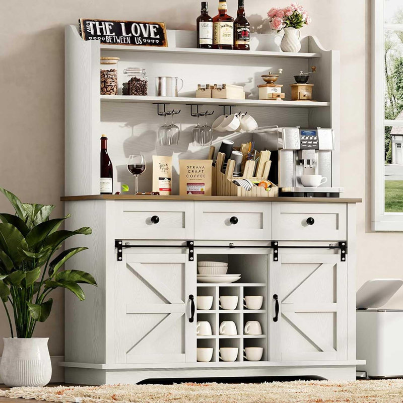 Abrianna 63 Inch Farmhouse Coffee Bar Cabinet, 3-Tier Storage with 9 Wine Racks & 3 Glass Holders, White