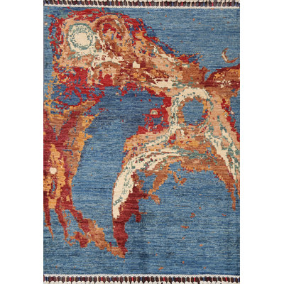 Tapis bleu en laine fabriqué à la main à motif végétal 3 x 5