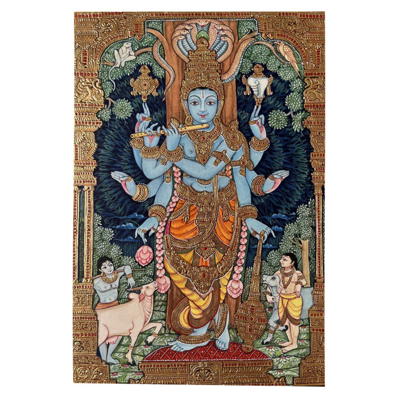 Lord Vishnu avec flûte | Peinture avec cadre | Aquarelle et feuille d'or 22 carats