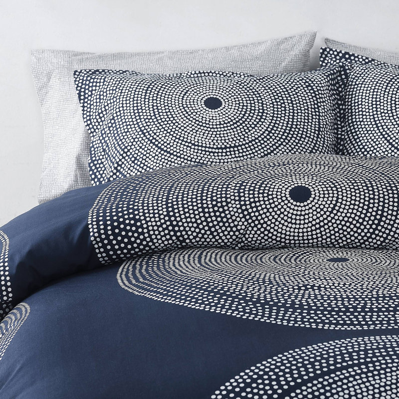 Ensemble d'édredon en coton Marimekko Fokus, Édredon simple et 1 taie décorative, Bleu marine/blanc