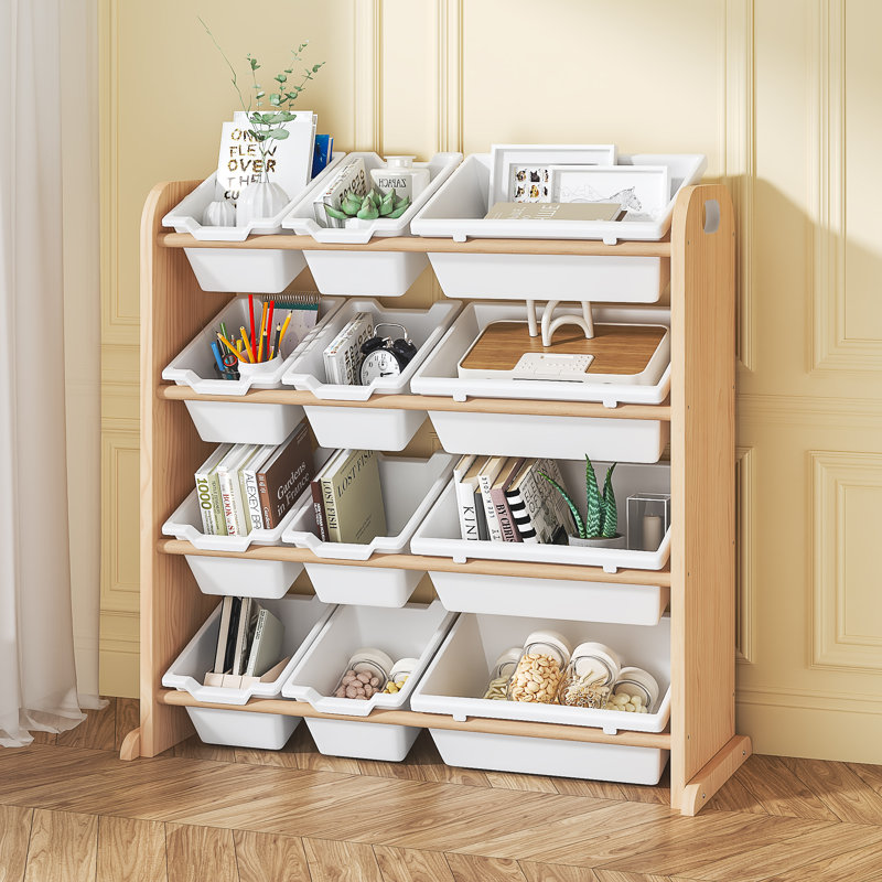 Bibliothèque moderne à 4 niveaux, bibliothèque polyvalente, étagère à cadre en bois avec 12 bacs de rangement amovibles, organisateur de bureau polyvalent et présentoir d'artisanat