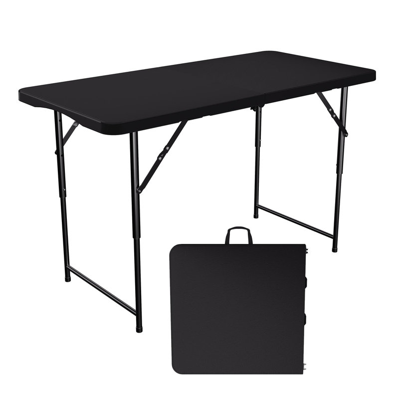 4FT Folding Table HDPE Foldable Table with Carrying Handle 3 Adjustable Height Metal Frame Support Up to 400LB Portable for Picnic Camping Party Indoor & Outdoor Use,  Black