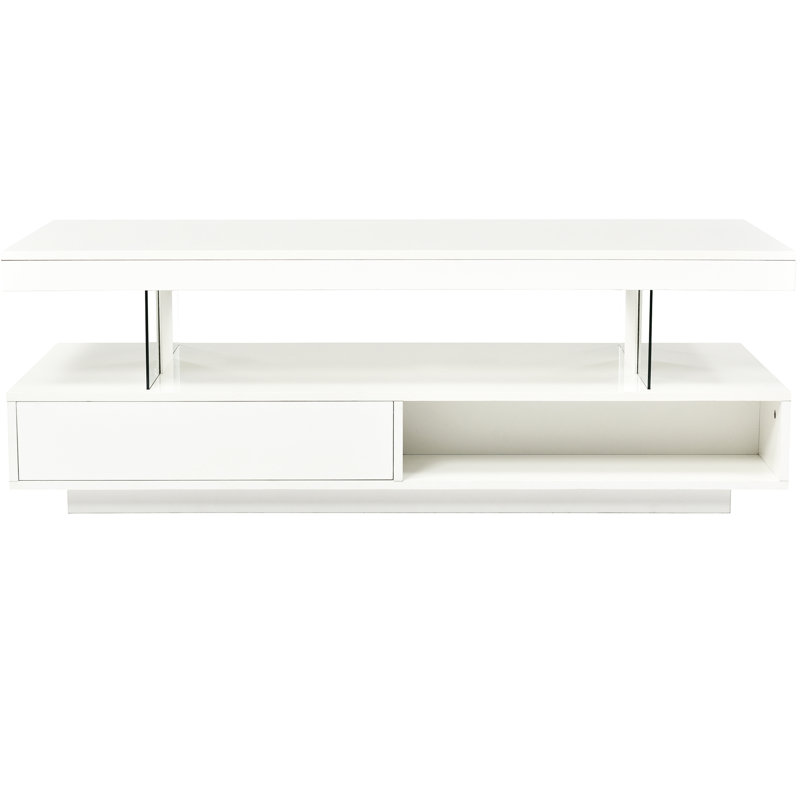 Table basse à DEL avec rangement en blanc: décor de salon. 16 choix de couleurs, luminosité personnalisable. Rangement spacieux. Conception. Table blanche à installation simple: 2 tiroirs, tablettes de présentation, couleurs