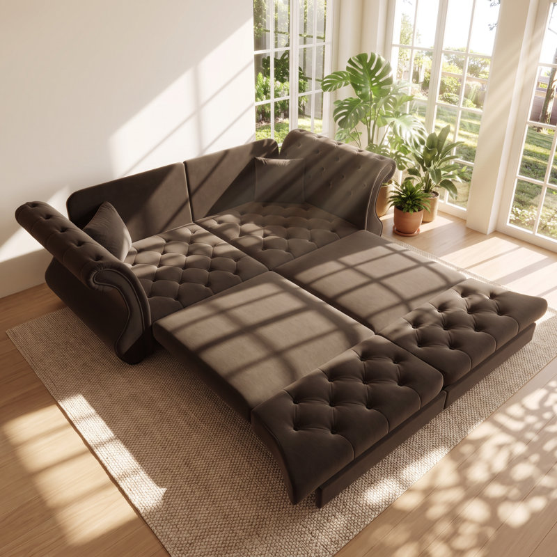 Canapé-lit convertible Chesterfield en velours, 213 cm (L) x 83 cm (P) x 88 cm (H)