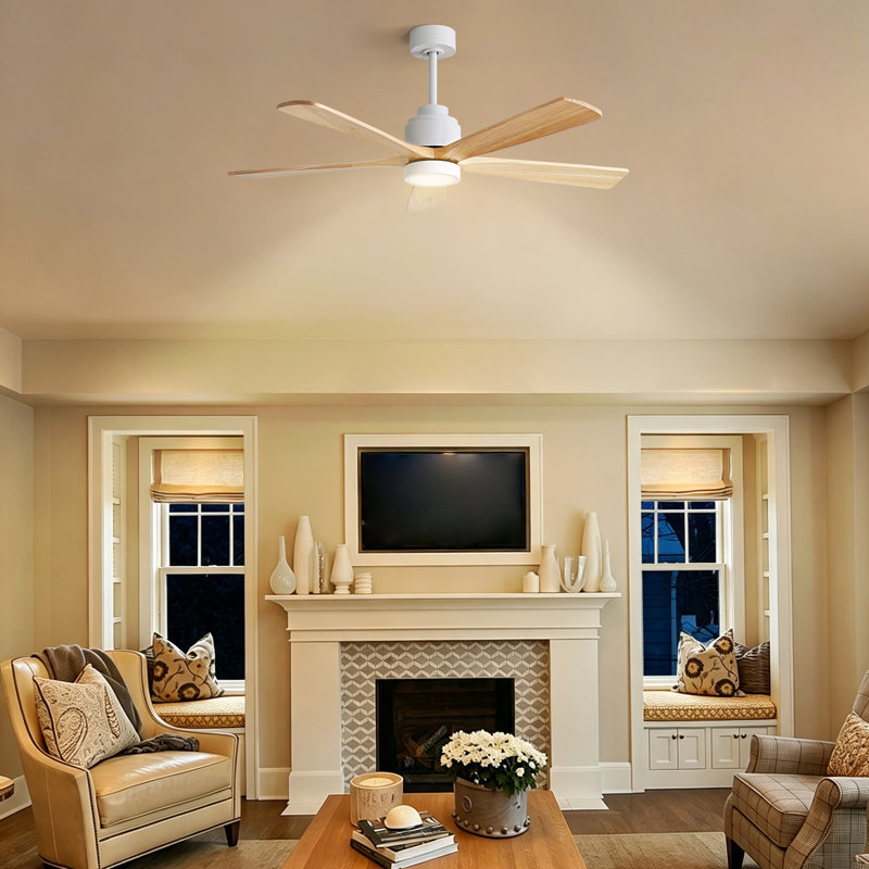Whisper Solid Wood Ceiling Fan Light With Remote Control And Silent Dc Motor，White&Beige, White with Beige Blade
