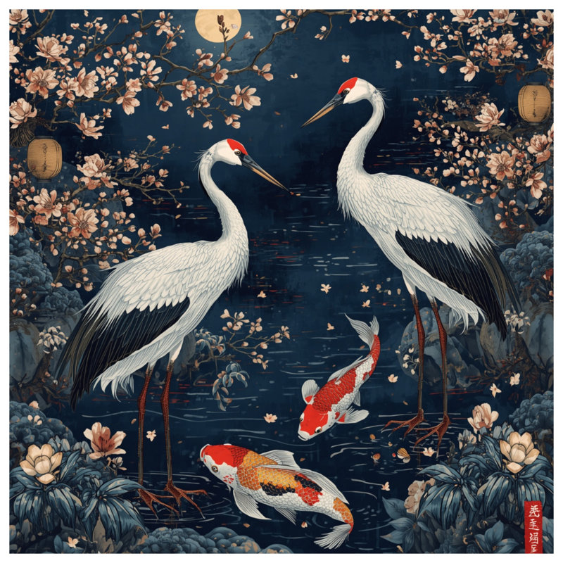 Coussins Cranes And Koi Fish, 26 x 26 pouces
